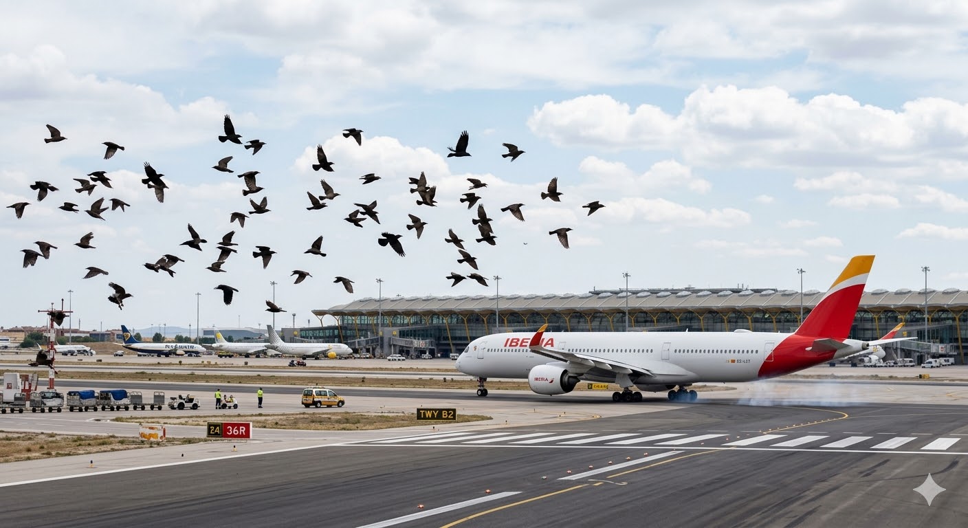 aves volando cerca de pista de aterrizaje en aeropuerto
